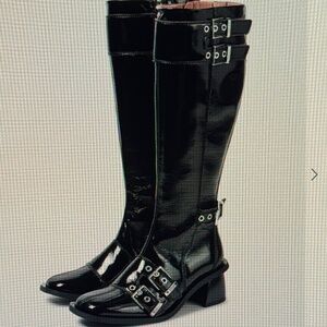 Ganni Black Patent Leather Knee-High Buckle Boots
